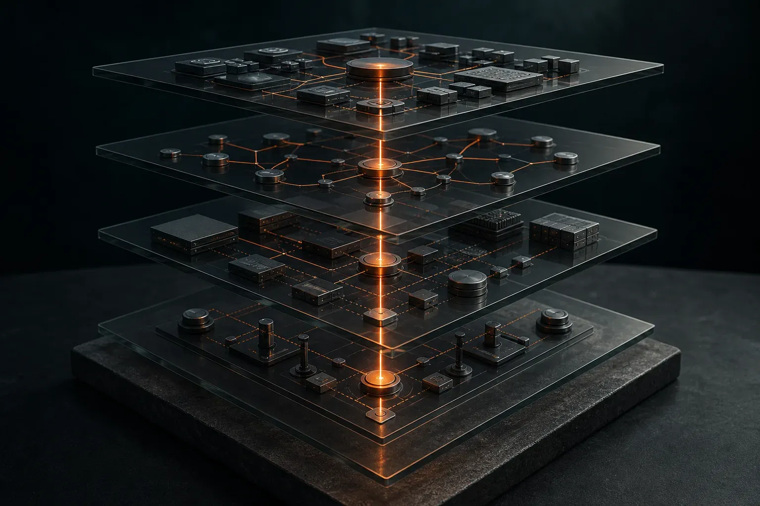 A system cutaway separates applications, integrations, infrastructure and controls across four inspectable smoked-glass layers.