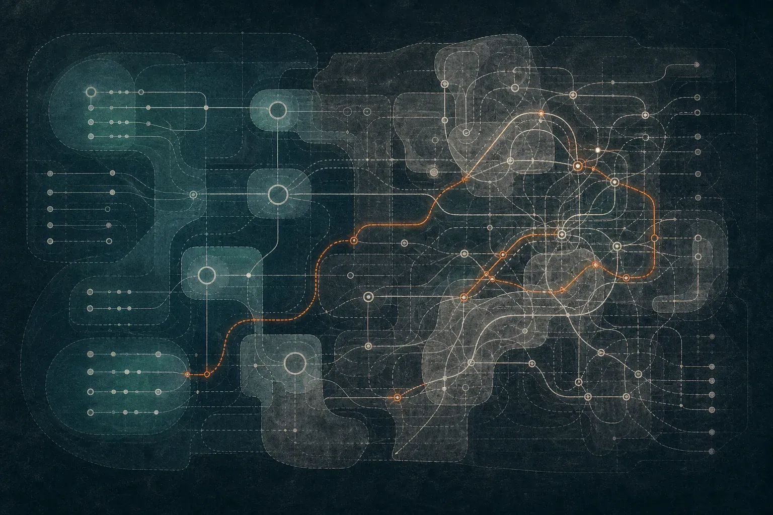 The intended software topology is overlaid with a current state distorted by duplicated integrations, bypasses and coupling.