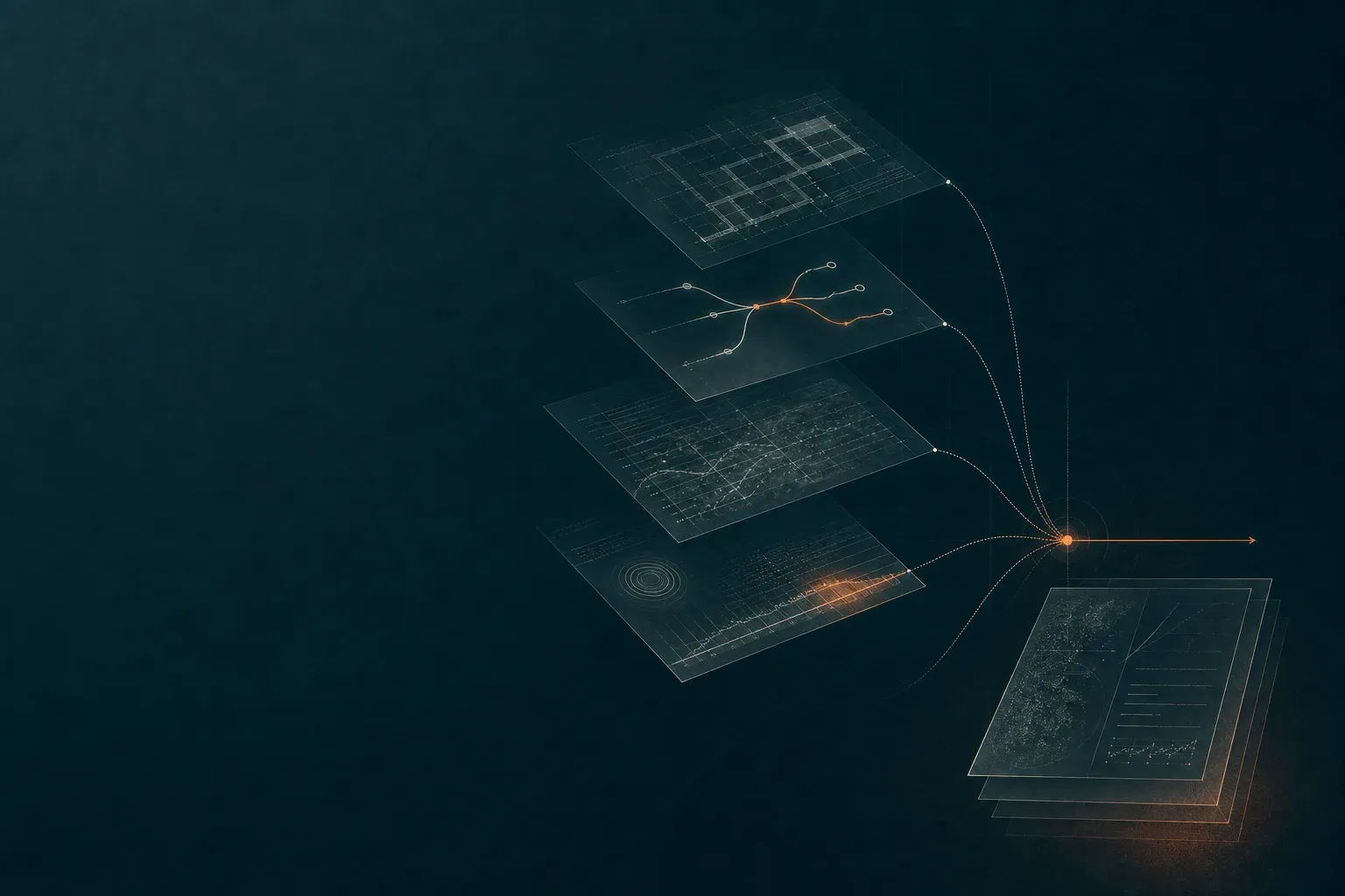 Architecture context, a decision fork, technical evidence and a deadline signal converge into one clear review path.