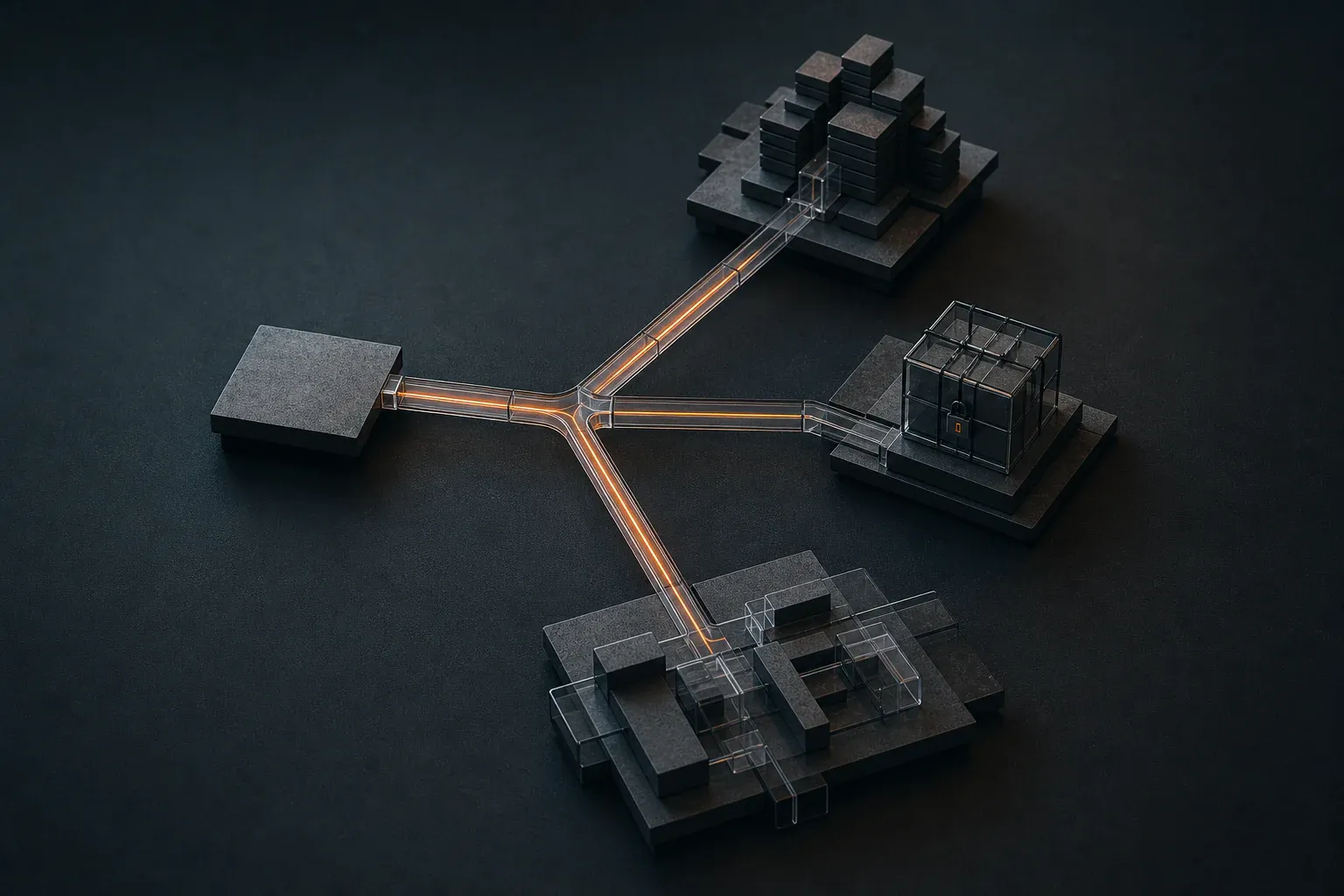 A graphite decision model branching into three materially different paths connected by an ember-coloured line.