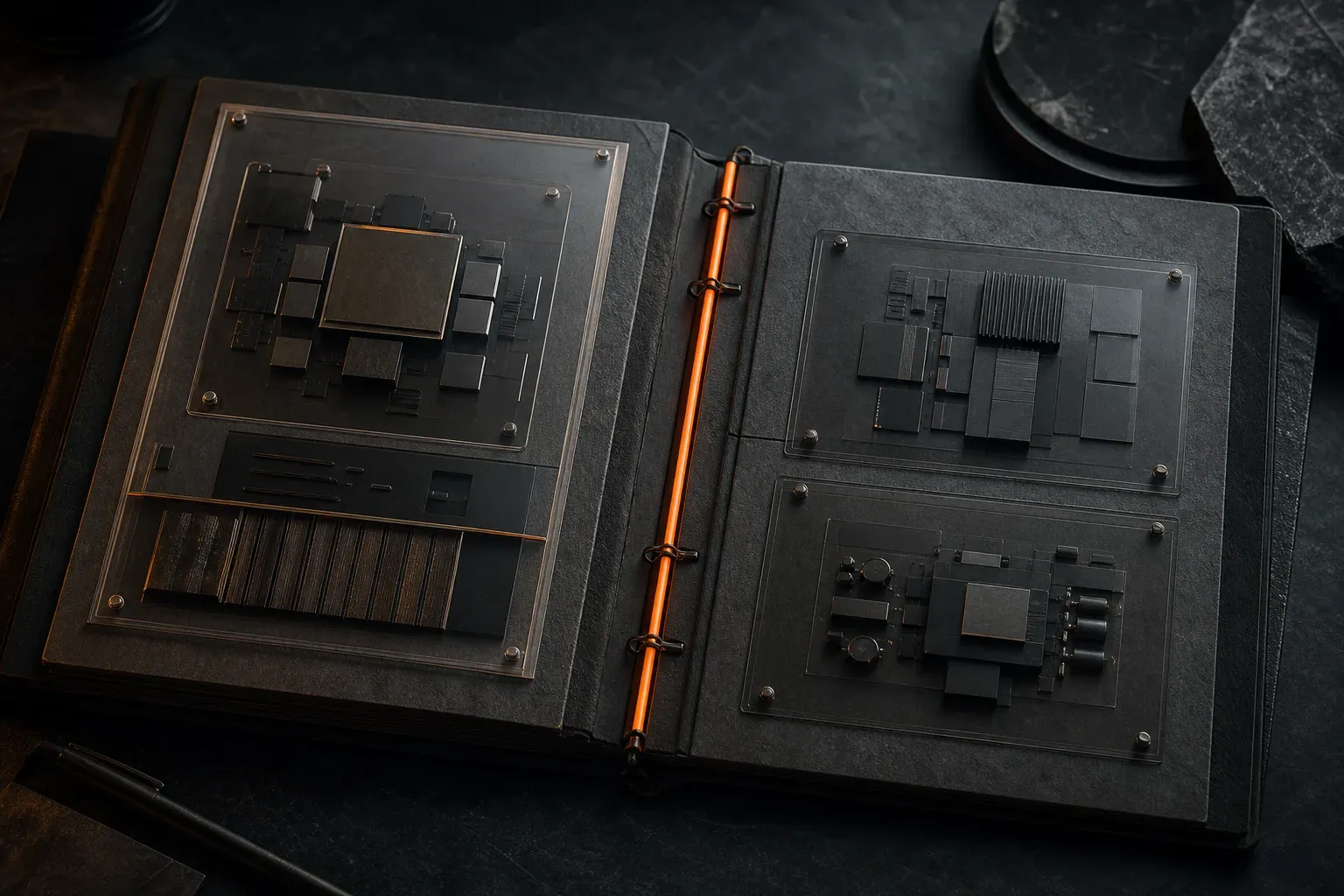 An archival folio preserves one selected system module beside two rejected alternatives under transparent inspection layers.