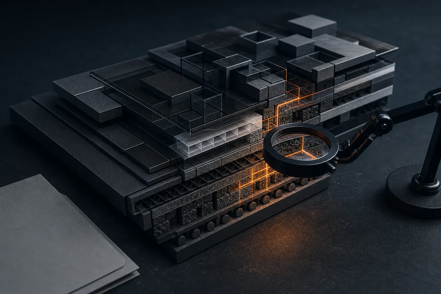An opened graphite product model inspected in cross-section, revealing a hidden dependency beneath its visible surface.