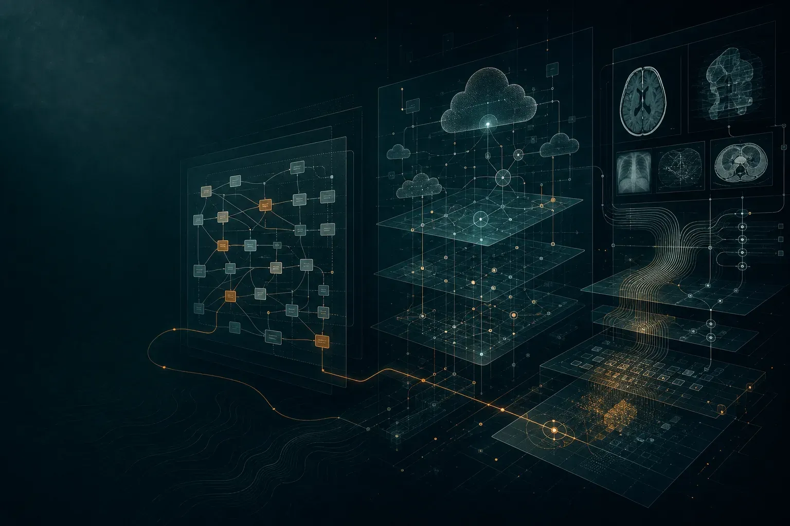 Regulated product traceability, distributed platform topology and medical imaging data operate as distinct but connected software environments.