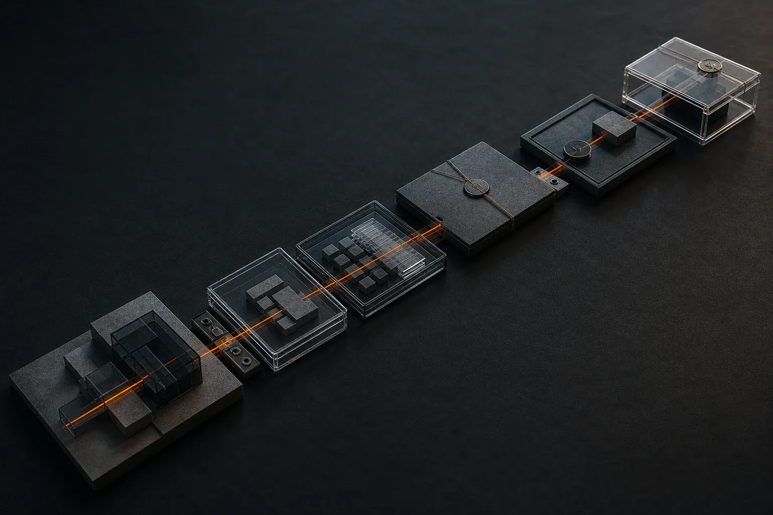 A sequence of sealed graphite artefacts and transparent evidence cases joined by one uninterrupted ember-coloured line.