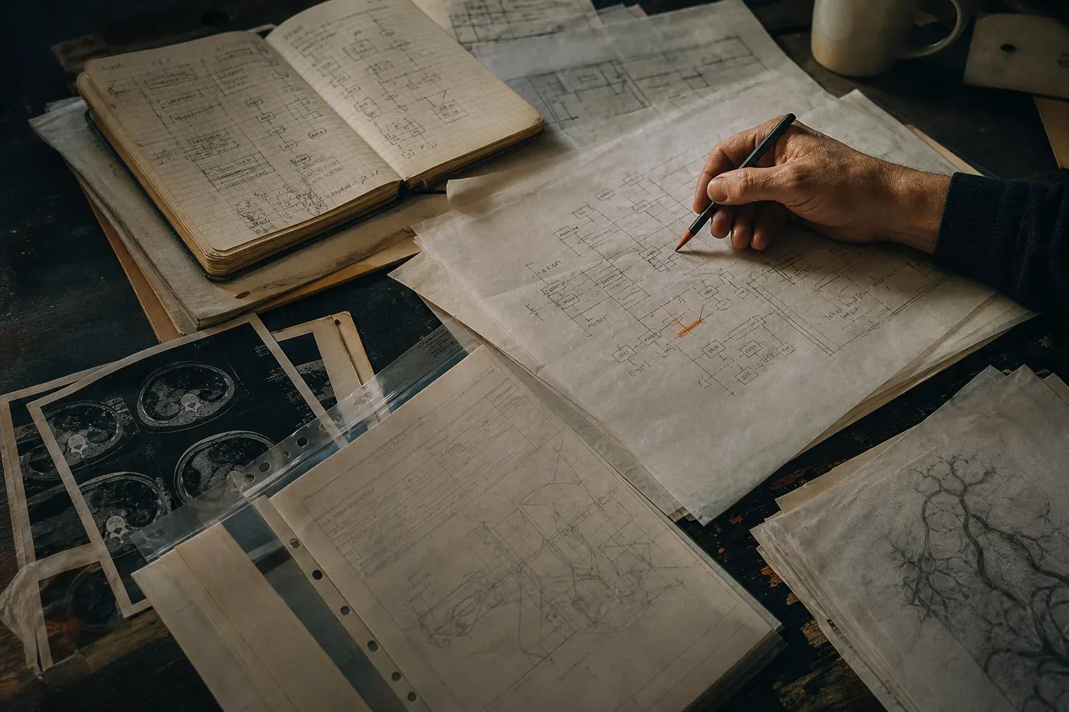 A practitioner adds a dependency note among worn architecture sketches, medical imaging films and release evidence accumulated through regulated software work.