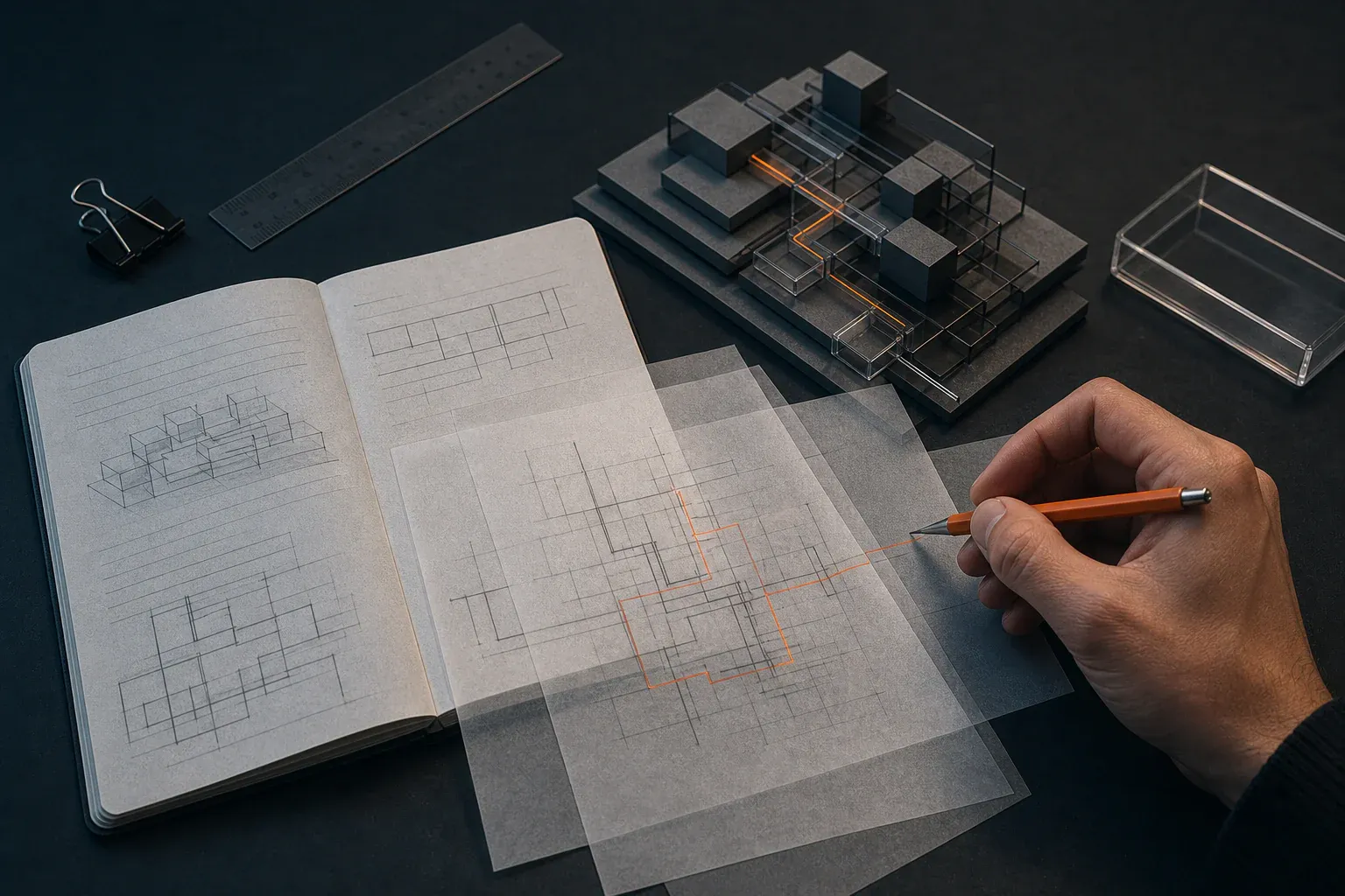 A hand drawing an ember-coloured dependency path across tracing paper beside a notebook and physical system model.