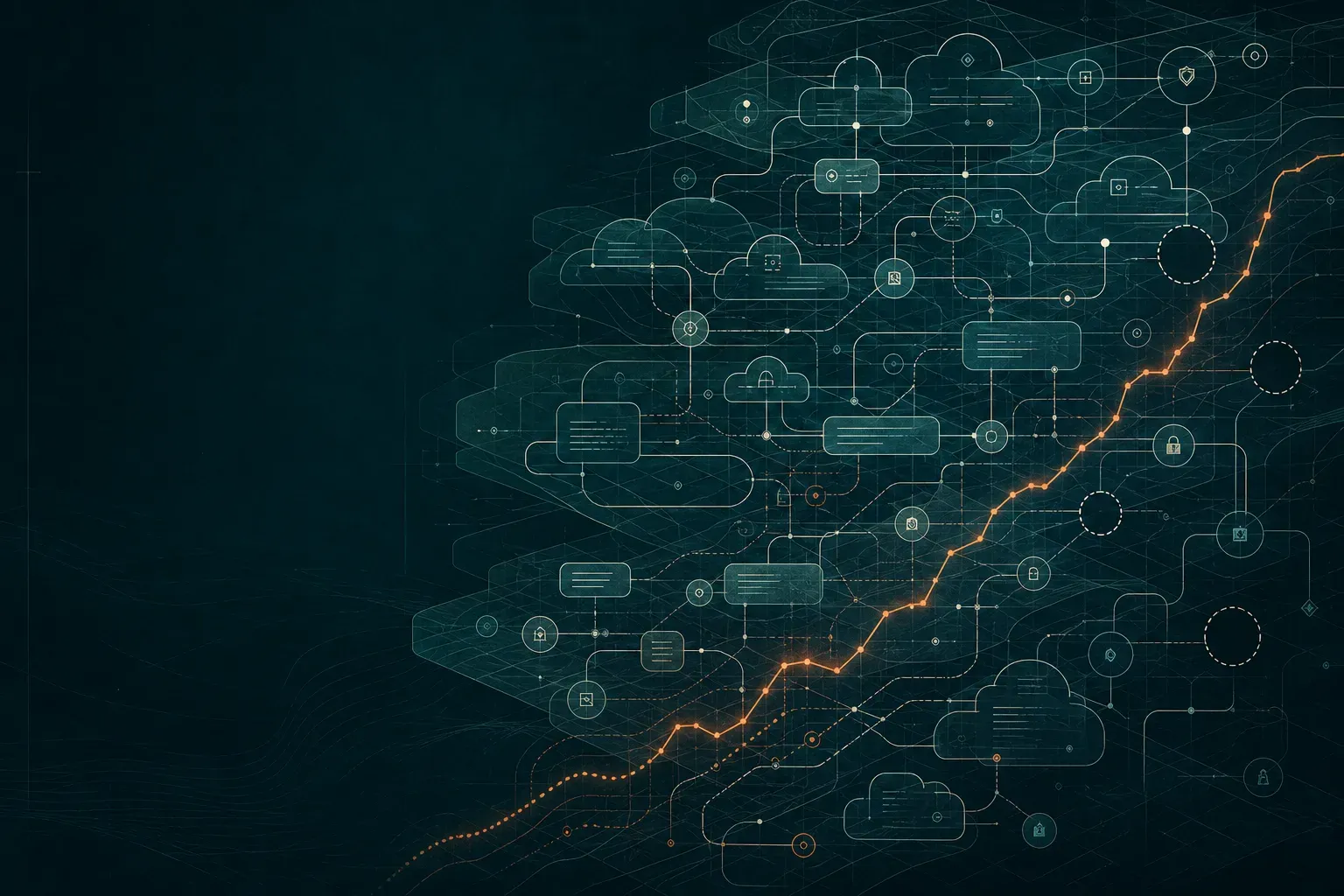 An expanding software and cloud estate contains several empty ownership nodes while one cost line continues to rise.