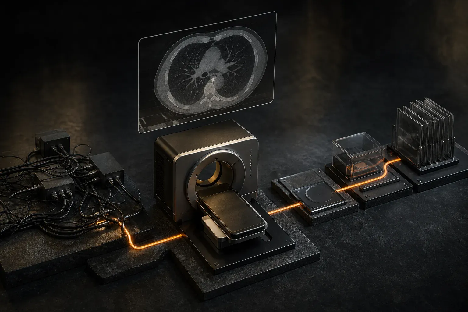 A medical imaging product connects a tangled infrastructure base to a separated delivery and evidence path.
