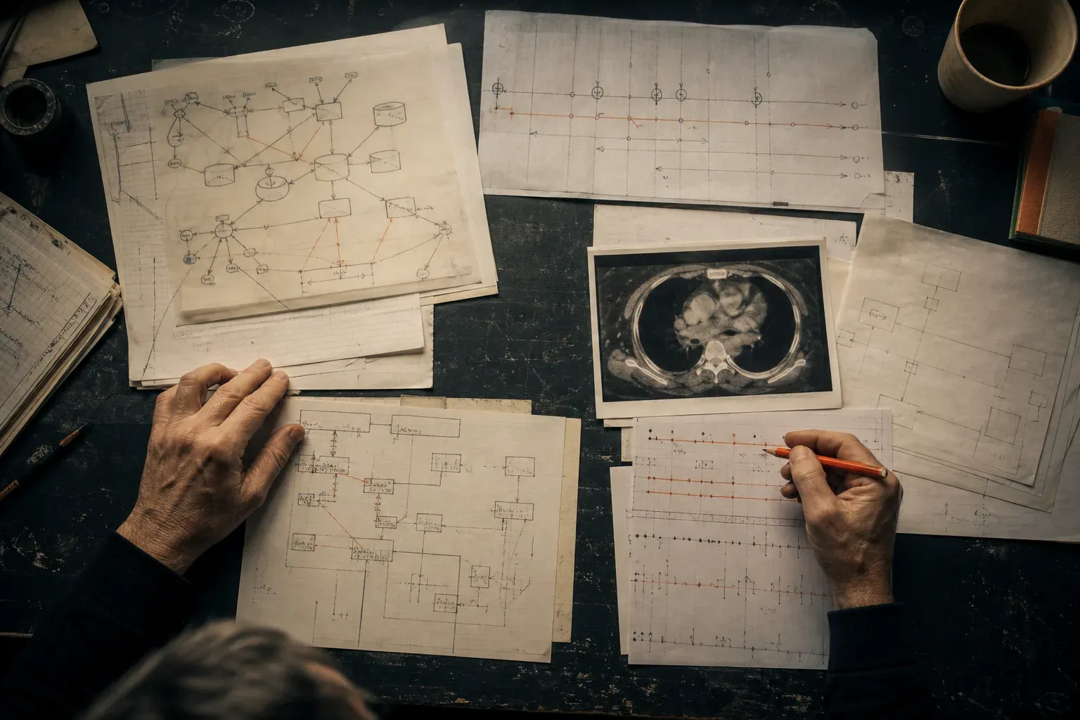 A practitioner investigates system topology, release sequence, medical imaging context and missing ownership across one evidence-covered worktable.