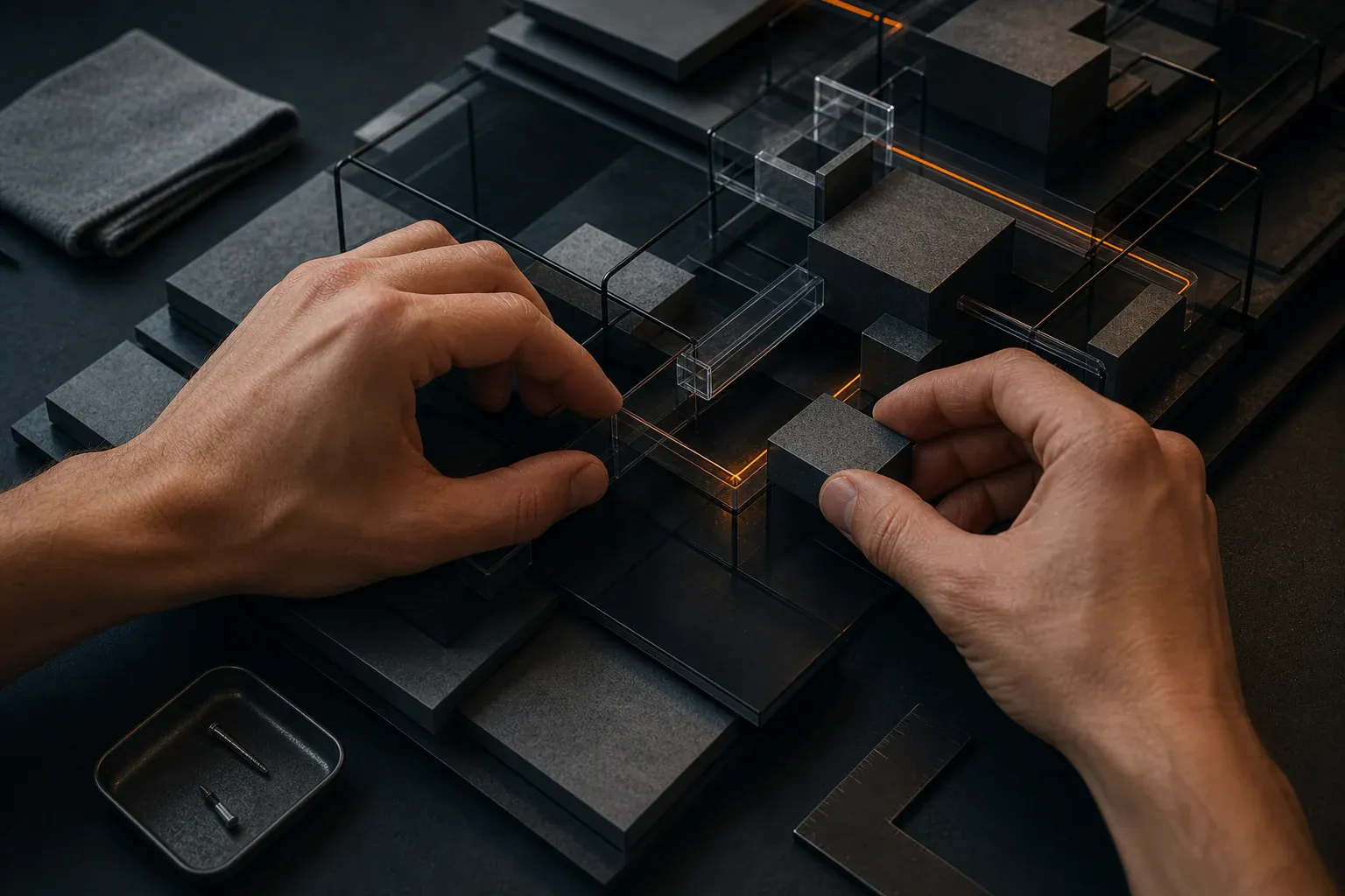 Two hands fitting a graphite replacement module into a layered system model where an ember-coloured path must reconnect.