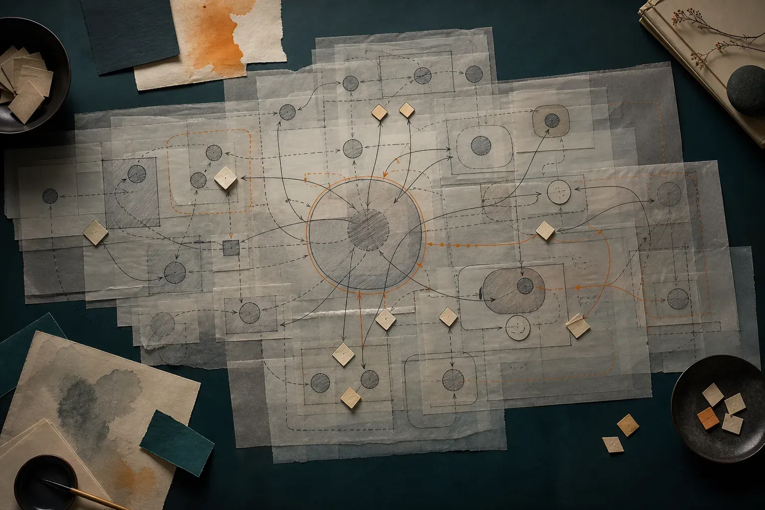 A software architecture map built from layered tracing film, dependency lines, integration boundaries and decision markers.