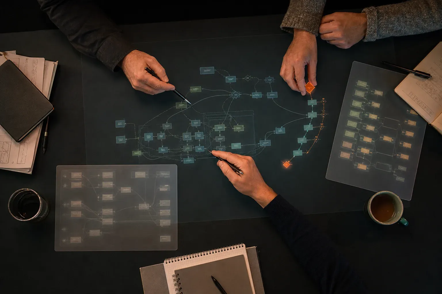 Three specialists work face-free over a digital software architecture map, release sequence and transparent evidence overlays.